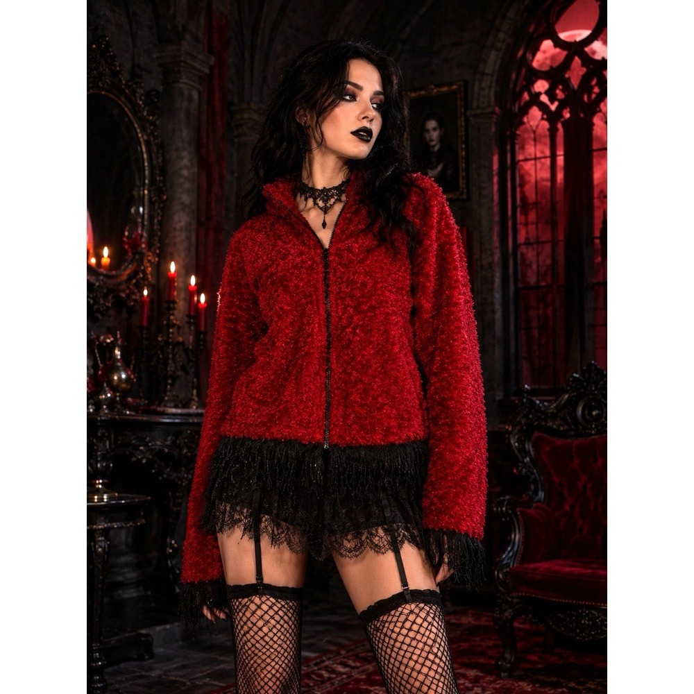 SHARON ENDICK Size Large Red Teddy Jacket Fuzzy Fringed -2440